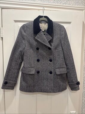 Jack Wills Navy Herringbone Double-Breasted Peacoat with Velvet Details